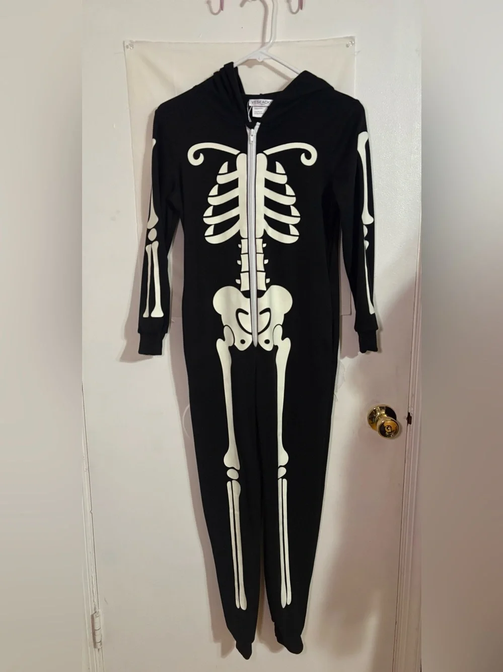 Halloween | Kids Black Skeleton GLOW Hooded One-Piece Costume
